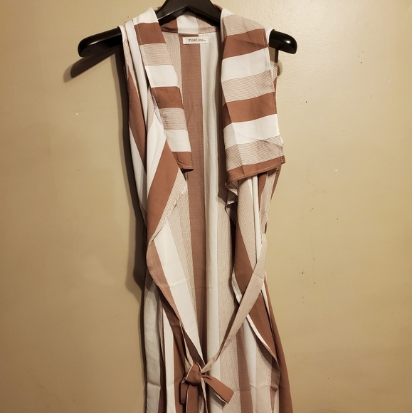 Nwt -Mauve or Beige Long Striped Vest with belt - Picture 7 of 12